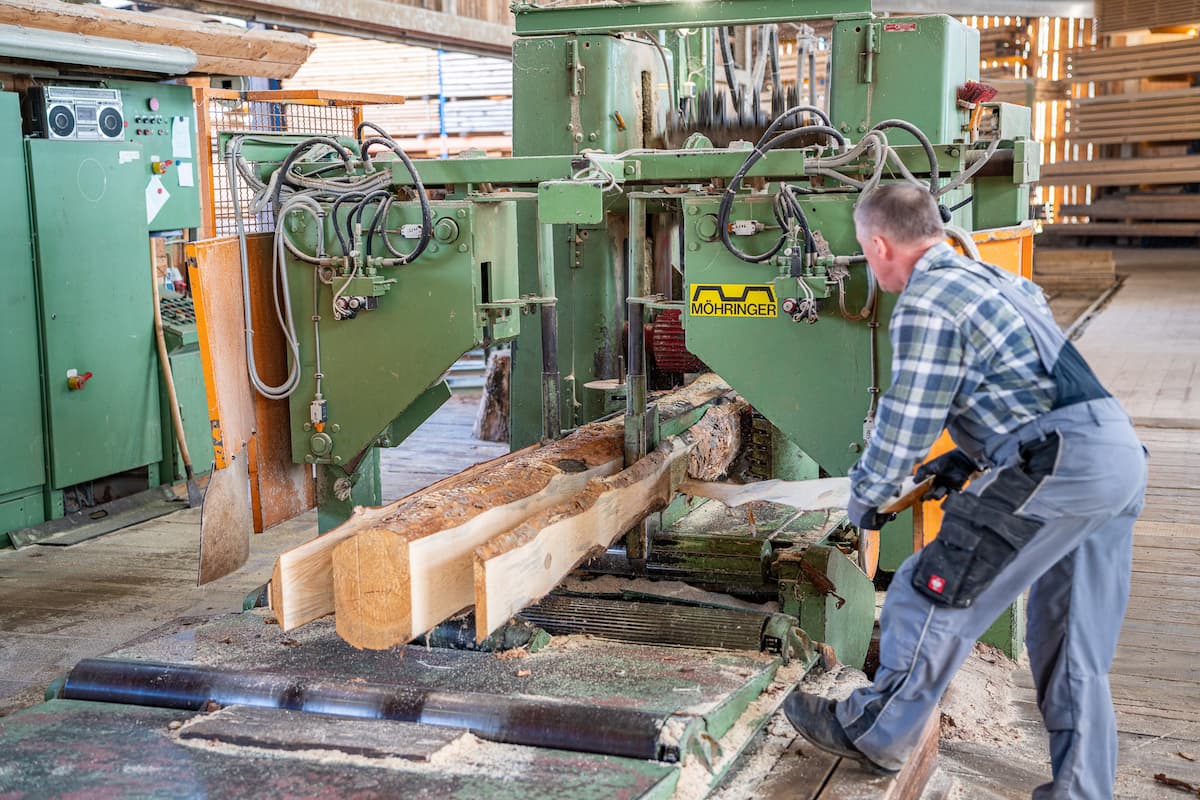 Säge beim sägen im Sägewerk Geisler