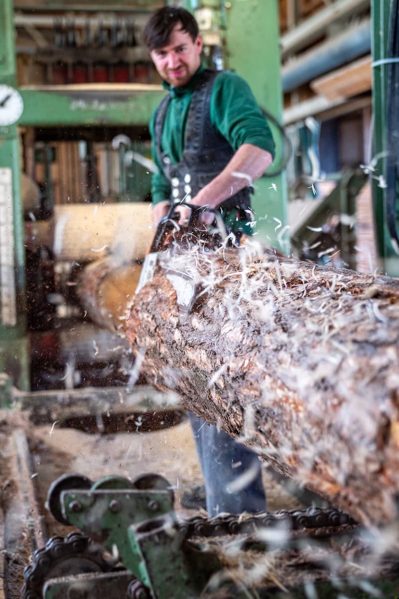 Sägewerk Baumstamm Vorbereitung Mann bearbeitet Baum mit Kettensäge